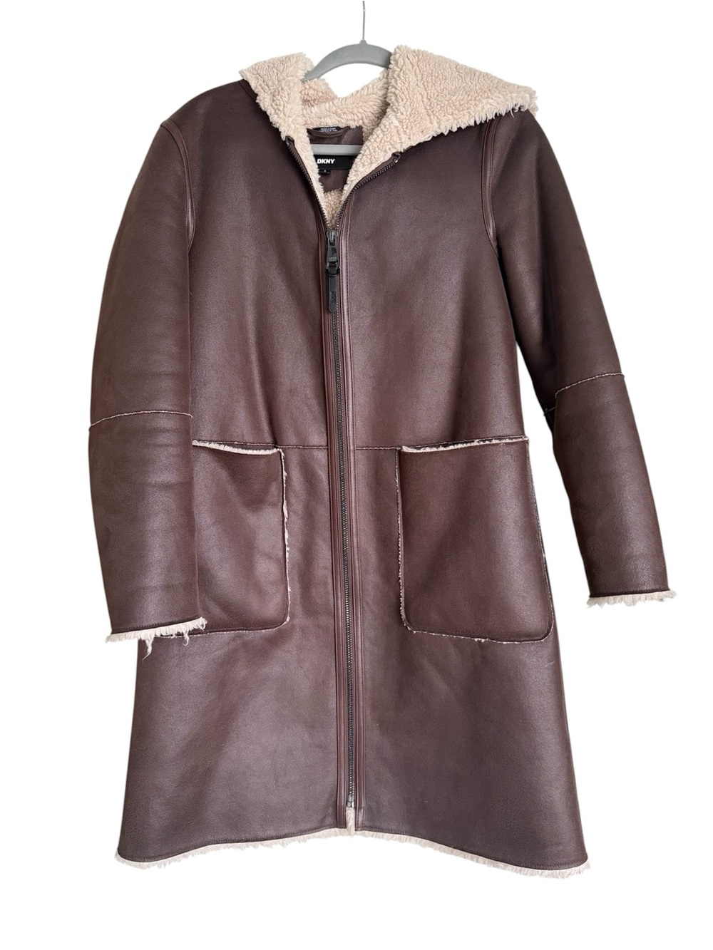 DKNY Faux Suede Sherling Front Zip Mid Length Coat size Small - Picture 7 of 13